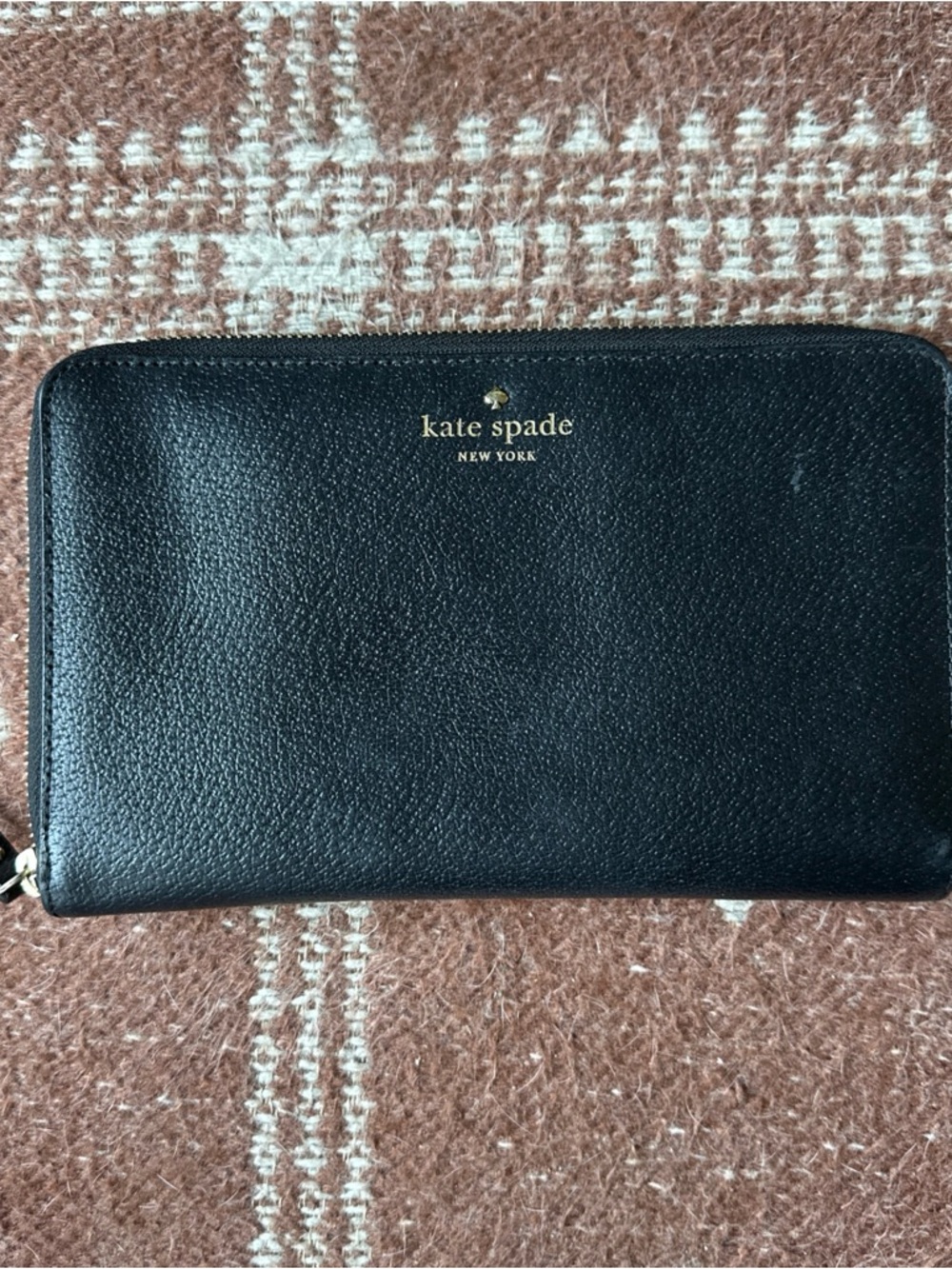 Kate Spade Large Continental zip around Wallet black leather tan interior 5x9